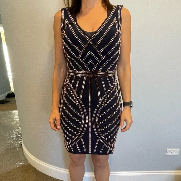 Aqua | Dresses | Aqua Mini Dress Navy Blue With Rose Gold Beading | Poshmark